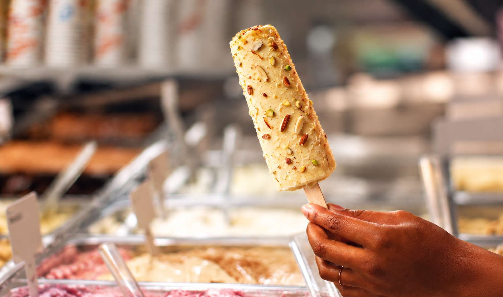 Scoop of ice cream on a cone at Desi Vibes